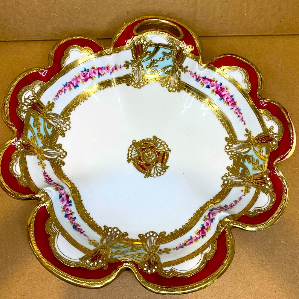 EUC Antique Noritake Nippon RC Porcelain Moriage Dish Burgundy Gold Pink Roses